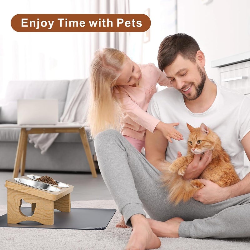 INNVVIS Elevated Cat Bowls with Silicone Mat, 15° Tilted Solid Wood Stand, Raised Stainless Steel Food & Water Dishes for Cats and Small Dogs, Anti-Vomiting Design(Natural) - Image 2